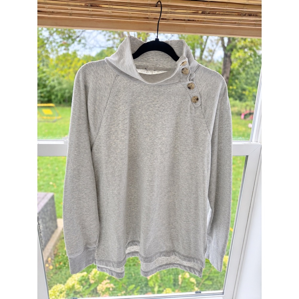 J.Crew Funnel Neck Sweatshirt Women L Gray Button Detail Raglan Pullover